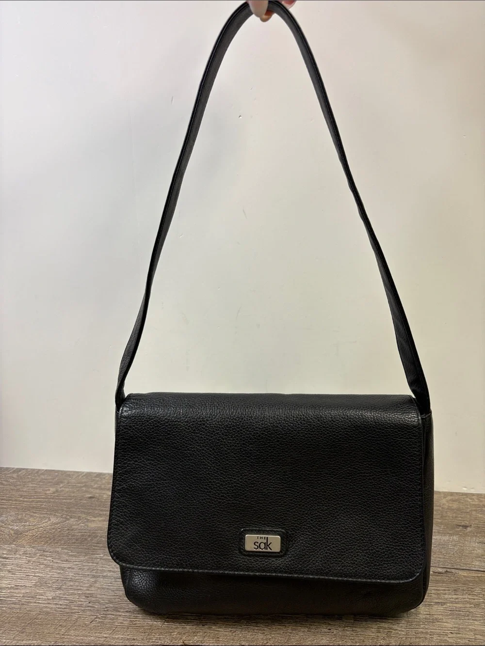 The Sak Black Pebbled Leather Flap Shoulder Bag Organizer Purse